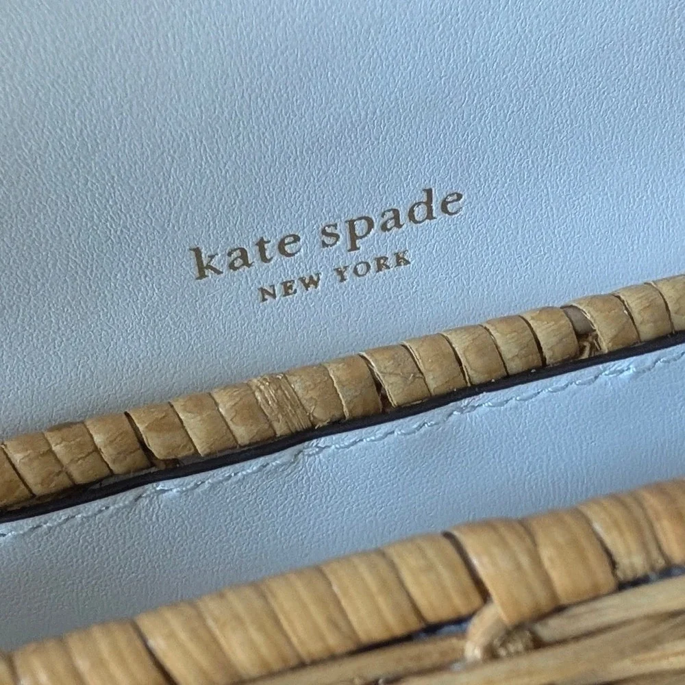 Kate Spade Romy Wicker Medium Top Handle Bag White Blue Woven